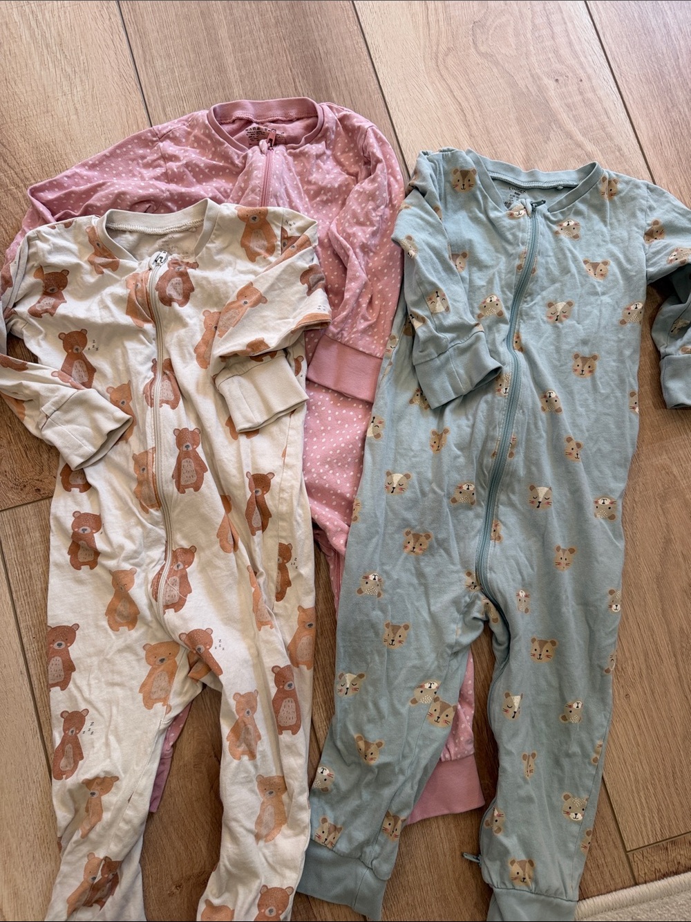 3-Pack Kids One-Piece Sleepers in Pink, Cream, and Blue with Bear Print